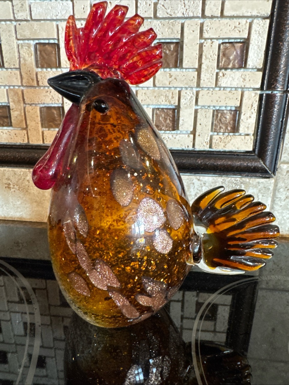 HQT Hand Made Art Glass Beautiful Rust and Copper Chicken / Rooster, 5"
